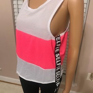 Brand new pink and white Selfie net tank top shirt